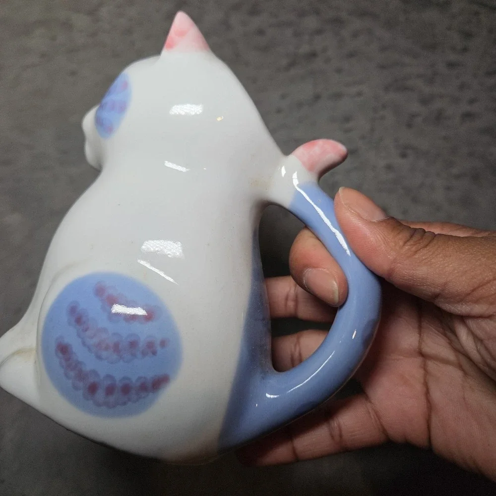 Vintage Handcrafted Thailand Ceramic Cat Creamer Pitcher Blue & Pink Kitty Cream
